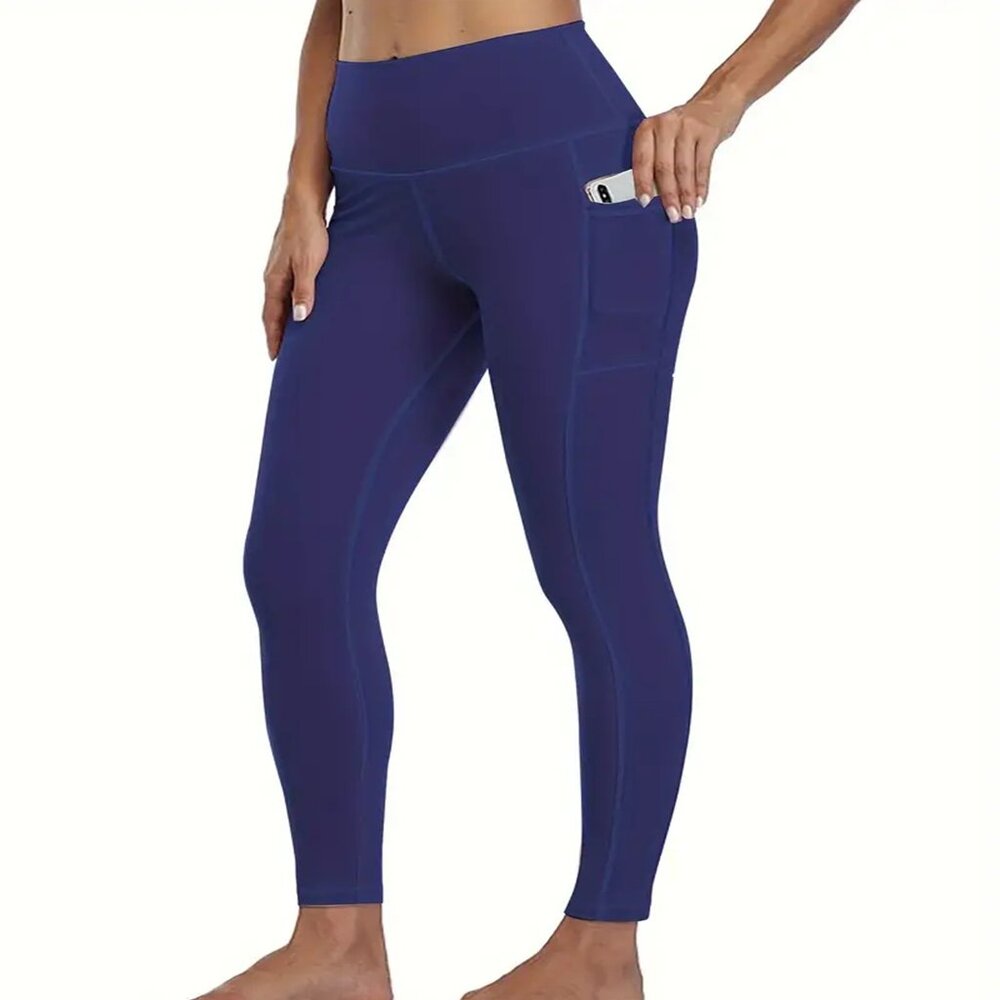 High Waisted Yoga Leggings w/Pockets Stretchy Soft Full-Length Royal Blue L-XL